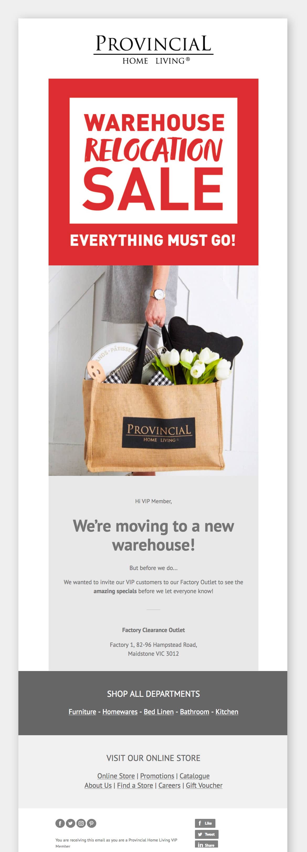Provincial Home Living - eDM: Warehouse Relocation SALE